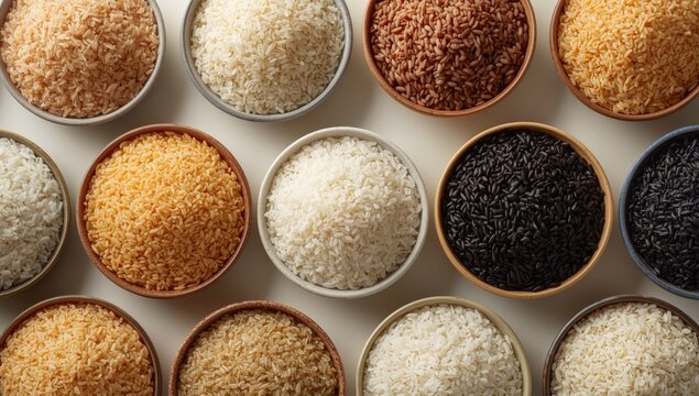 Flat layout of diverse rice varieties in bowls featuring Nerone and organic forbidden black rice