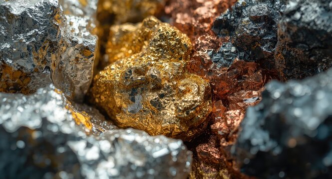 Detailed macro view of metallic ores featuring silver gold copper zinc and iron textures for mineral analysis