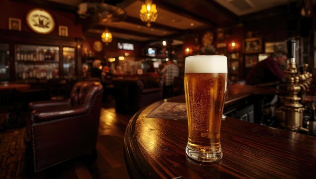 Cozy bar interior in a traditional pub with a frothy pint of beer on the counter