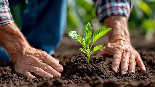 Hands Planting a Sapling: Close-up of weathered hands gently planting a young sapling in fertile soil, symbolizing growth, nurture, and the beginning of life.