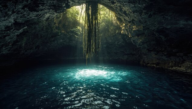 Dramatic sinkhole view with sparkling white water and lush hanging root details