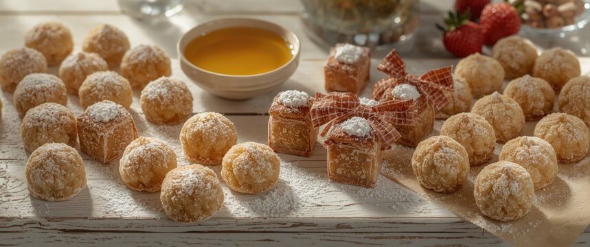 Collection of Greek confectioneries kourabiedes and lukum sprinkled with sugar powder accompanied by a honey dip on white wood