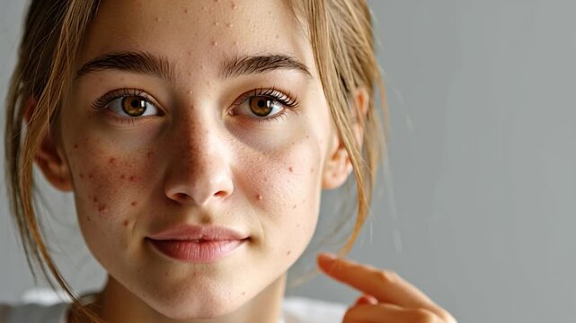 Teenage Acne Concern: A close-up portrait of a young woman's face, highlighting her skin with freckles and visible acne, as she touches her cheek with a thoughtful expression.