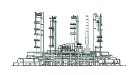 Obraz premium Detailed Vector illustration of a modern industrial oil refinery and chemical processing plant, showcasing complex engineering and energy infrastructure design