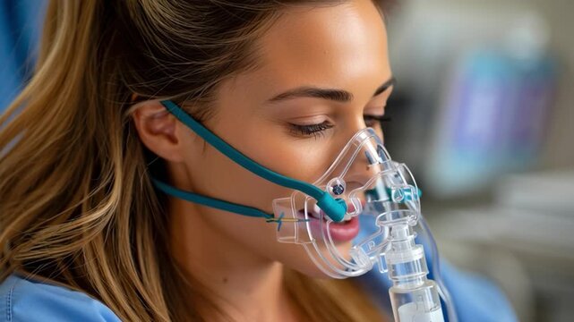 Respiratory Support Mask: A close-up portrait of a young woman wearing a clear respiratory support mask, with an out-of-focus medical setting in the background.