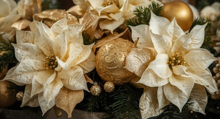 Obraz premium Festive holiday decor featuring elegant gold and white faux poinsettias artfully arranged