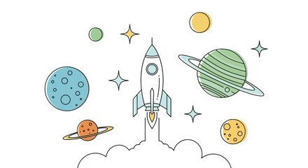 Cartoon rocket ship launching into outer space among colorful planets and stars. © Permana Lucky