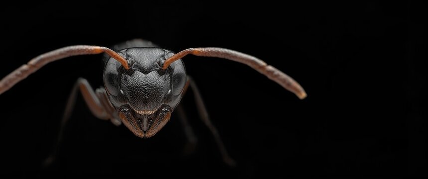 Extreme close up of an ant's snout and detailed facial features against a black background