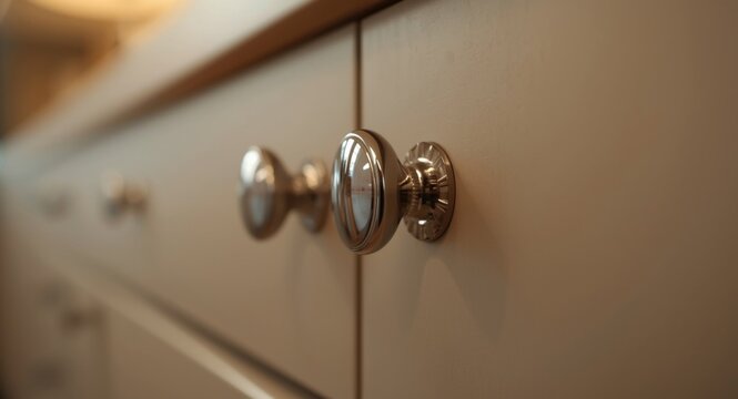 Close up detail of kitchen cabinet door knobs with shiny finish