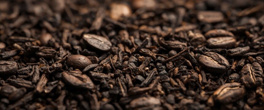 Close perspective on dried shu pu erh tea leaves blending chocolate flavor paired with cocoa beans