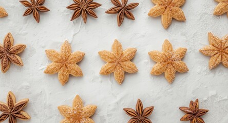 Obraz premium Festive almond cookies and star anise biscuits arranged on a white backdrop for holiday culinary decoration