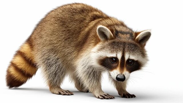 Raccoon Curiosity: A curious raccoon with its characteristic masked face and ringed tail stands alertly on a plain background, its dark eyes full of wonder and a hint of mischief.