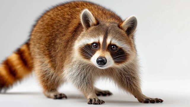 Raccoon's Curious Gaze: A charming raccoon with its characteristic masked face and ringed tail stands alert, its wide eyes peering intently forward, captured in sharp detail.