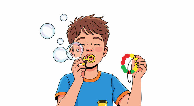 Boy Blowing Bubbles with a Bubble Wand on White Background.