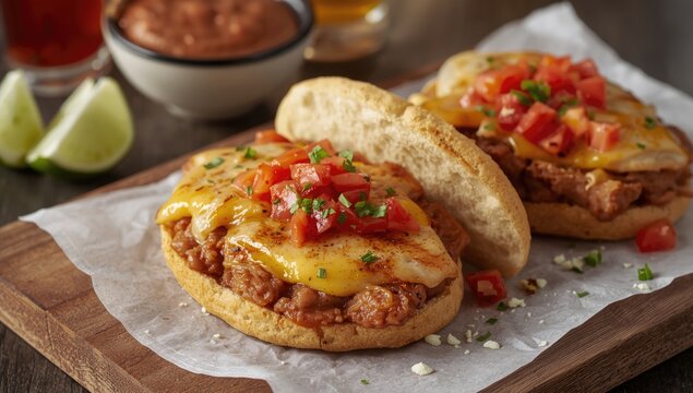 Delicious Molletes Composed of Bolillo Bread, Refried Beans, Melted Cheese, Pico de Gallo and Grilled Fish Protein