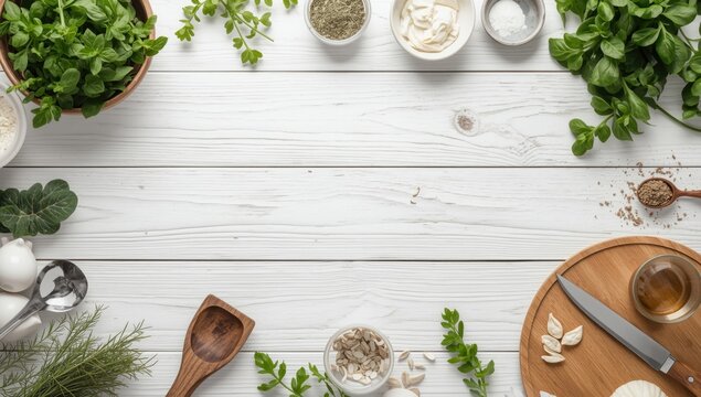 Flat lay perspective on white wooden surface with fresh herbs and kitchen implements for vegetarian cooking creating serene copy space