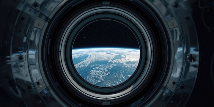 Earth visible through circular window aboard space module