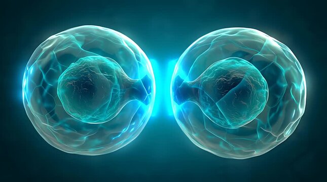 Close-up of two glowing blue cells undergoing division, representing biological processes and scientific research.
