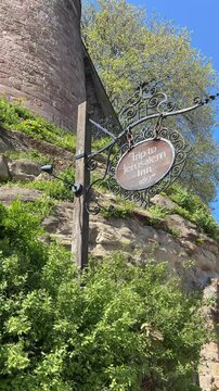 View of the Ye Olde Trip to Jerusalem sign outside Nottingham&rsquo;s oldest pub, located in Nottingham, Nottinghamshire, East Midlands, England. A historic British landmark.