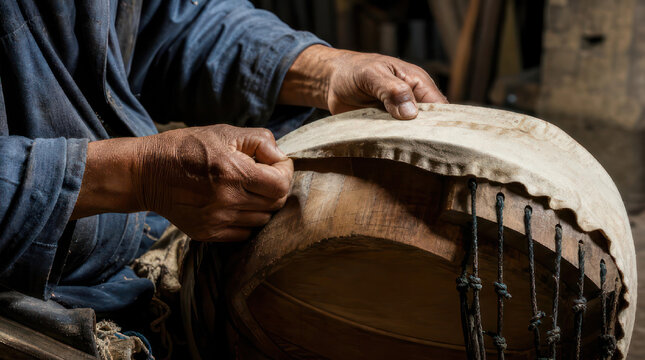 Crafting a Traditional Drum CloseUp of Hands at Work.