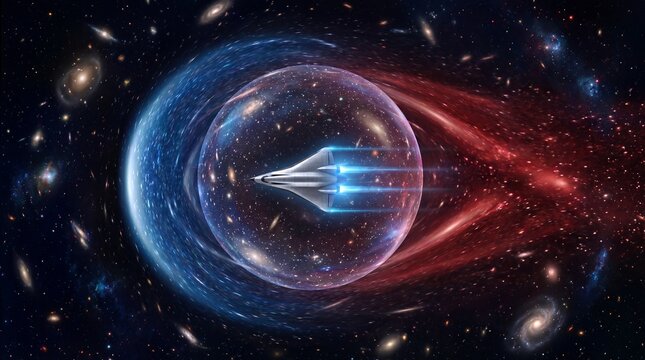 Futuristic spacecraft travels through a swirling cosmic nebula, exploring the unknown universe.