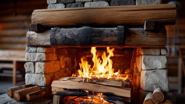 Cozy Hearth Glow: A rustic stone and wood fireplace crackles with warm, inviting flames, casting a comforting glow on a stack of logs ready to burn.