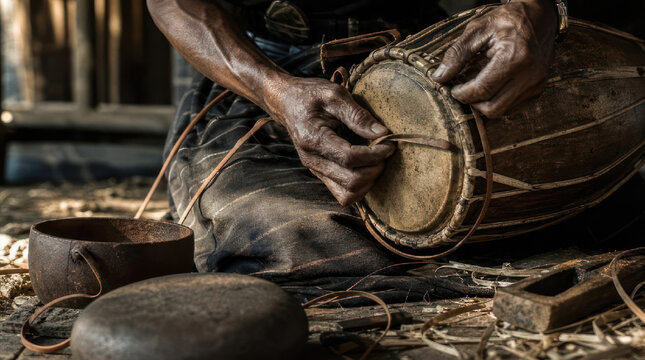 Crafting a Traditional Kendang Drum CloseUp of Hands at Work.