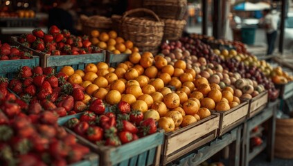 Obraz premium Freshly harvested fruits arranged in colorful crates at farmer run market stand