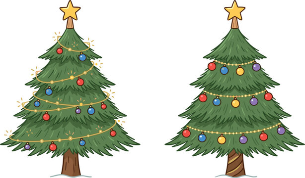 Decorated Christmas tree set with yellow star topper glowing fairy string lights and colorful baubles vector illustration isolated on white background for winter holiday card design