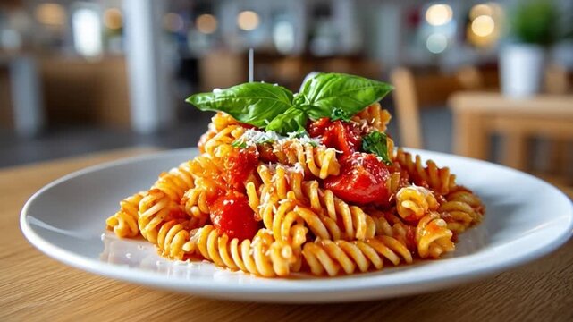 Delicious Fusilli Pasta Dish: A mouthwatering plate of fusilli pasta is generously topped with a rich tomato sauce, fresh basil, and a sprinkle of parmesan cheese, presented in a bright.