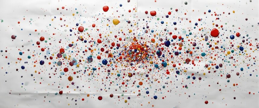 Colorful paint droplets dispersed playfully on a white sheet