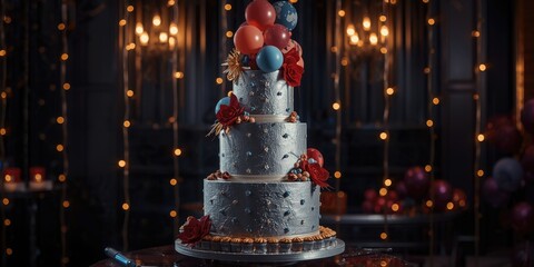 Obraz premium Elegant multi level silver cake decorated with balloons against a dark party background