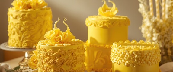 Obraz premium Festive birthday cake creations highlighted by bright yellow hues and artistic sugar work