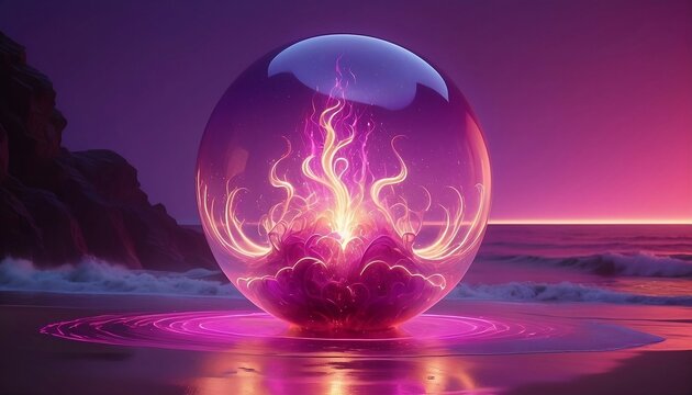 Abstract neon energy sphere of particles and waves of magical glowing on a dark background, circle and loop frames with magic purple and pink flame and sparks, created with generative ai