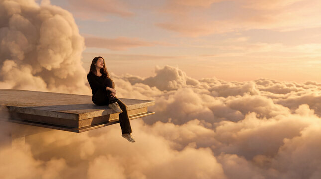 Woman sitting above clouds at sunset