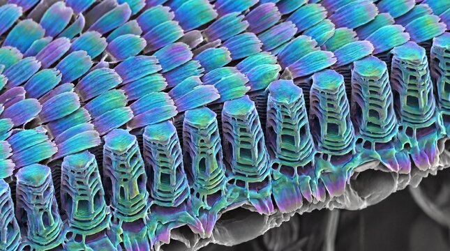Intricate, iridescent microscopic view of iridescent butterfly wing scales showing detailed structure and color