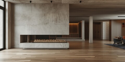 Obraz premium Contemporary loft space with fireplace and mixed concrete wooden textures in living area