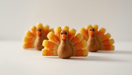 Obraz premium Festive tall turkey cookies with candy corn tails placed against plain background for text