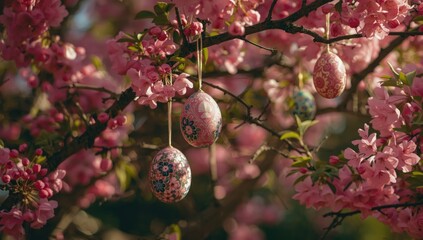Obraz premium Handcrafted Easter eggs adorning a vibrant laburnum tree in springtime