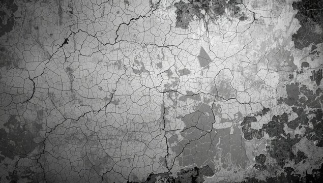Cracked and scratched textured wall with peeling paint in a black and white grunge backdrop