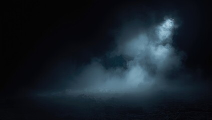 Fototapeta premium Empty dark backdrop enhanced by fog dry ice and smoky spotlight mist