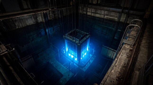 Intense blue light emanates from a futuristic reactor core submerged in dark water within a concrete structure.
