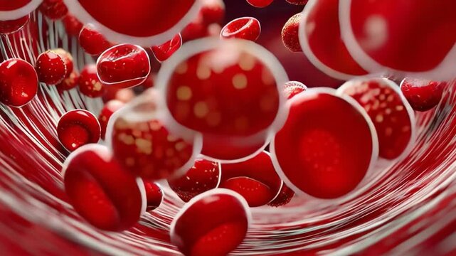 Red Blood Cell Journey: A microscopic view inside a blood vessel, showcasing the vibrant red blood cells as they flow, some showing signs of illness or abnormality, with clear.
