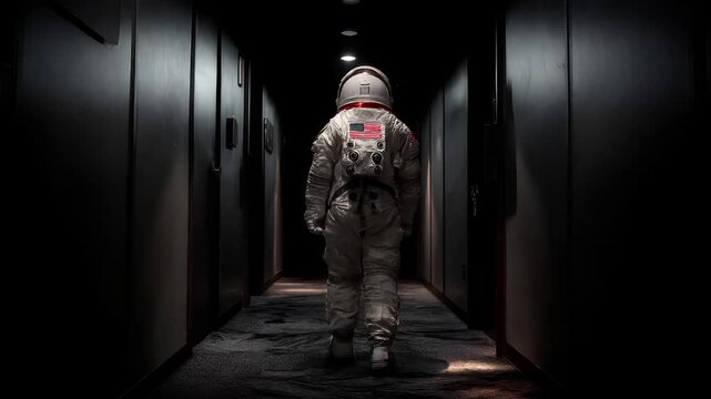 Space universe exploration, fantasy, mysterious. A dramatic, atmospheric portrayal of an astronaut walking down a dimly lit corridor.