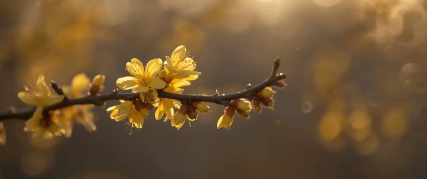 Early blooming yellow flowers on Hamamelis intermedia Winter Beauty branch