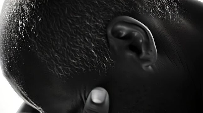 Close-up of a man's ear and head.