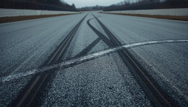 Faded tire tracks on raceway adding copy space for technical presentations