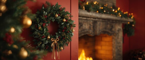 Obraz premium Elegant Christmas wreaths on scarlet wall next to stone fireplace indoors