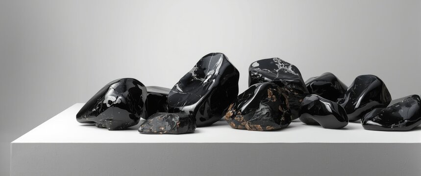 Glossy Apache Tear obsidian rock collection photographed on a smooth white platform