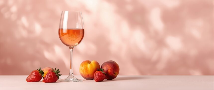 Elegant stemmed glass filled with rose wine accompanied by fresh peaches and strawberries on a blush pink setting for summer tastings